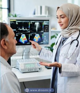 بیمار میانسال در حال پرسیدن سؤال از پزشک متخصص قلب زن درباره اکو داپلر رنگی قلب در کلینیک مدرن شیراز
