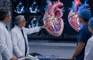 تیم متخصص قلب و جراحی قلب در حال بررسی تصاویر اکوکاردیوگرافی و مدل سه‌بعدی قلب برای برنامه‌ریزی درمان