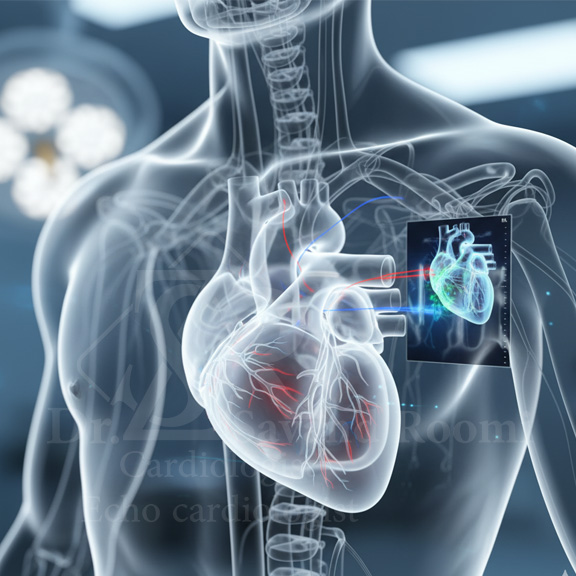 تصویر سه‌بعدی از فرآیند انجام اکو مری سه‌بعدی، نمایش قلب روی مانیتور