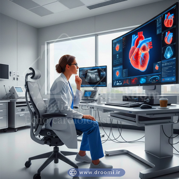 نمایی از گزارش اکو مری سه‌بعدی شامل تصاویر دقیق قلب، داده‌های عددی و تفسیر پزشک متخصص