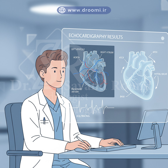 پزشک در حال بررسی نتایج اکوکاردیوگرافی قلب روی صفحه نمایش