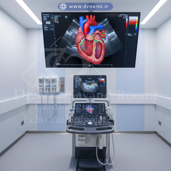 تصویر نمای بالا از اتاق اکوکاردیوگرافی مدرن با دستگاه پیشرفته و مانیتور 4K در حال نمایش دریچه میترال و بطن چپ
