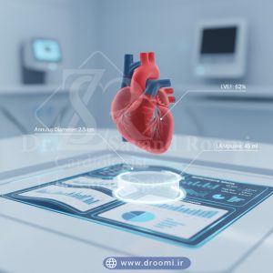 تصویر آموزشی از بخشهای مختلف گزارش اکو مری سهبعدی شامل تصاویر قلب، نمودارها و دادههای اندازهگیری