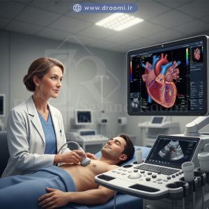 پزشک در حال انجام اکوکاردیوگرافی روی بیمار و مشاهده تصویر قلب روی مانیتور دستگاه