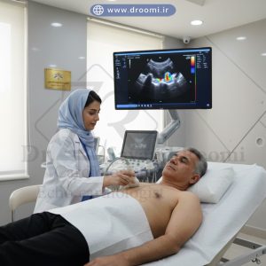 کلوزآپ مرد میانسال روی تخت معاینه در حال انجام اکو ترانستوراسیک توسط کاردیولوژیست زن با نمایش تصویر قلب روی مانیتور بزرگ