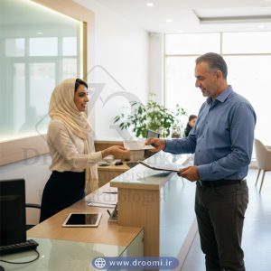 Hijabi female receptionist handing insurance documents to a middle-aged patient in a modern heart clinic