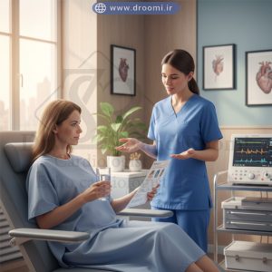 تصویری که راهنماییهای مصرف دارو و غذا قبل از اکو مری سهبعدی را نشان میدهد، شامل ناشتا بودن و توقف برخی داروها.