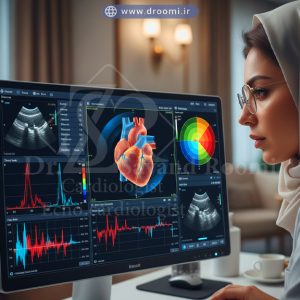 تصویر کلوزآپ از صفحه اکوکاردیوگرافی پیشرفته با مدل سه‌بعدی قلب، اسپکل ترکینگ و بافت‌داپلر در کلینیک تخصصی قلب شیراز
