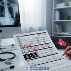 گزارش اکو مری با دادههای غیرطبیعی و علامتهای هشدار قرمز که نشاندهندهی ناهنجاری در عملکرد قلب هستند