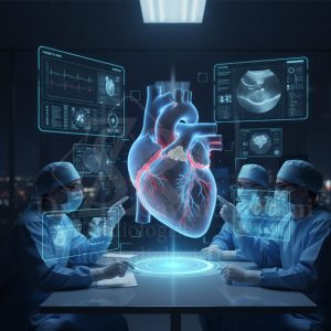 تصویر مفهومی نمایش 3D قلب و ارزیابی پیش‌جراحی با اکو مری سه‌بعدی