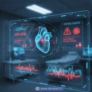 گزارش اکو مری با نتایج غیرطبیعی و نمایش هشدار قرمز روی مانیتور بیمارستان