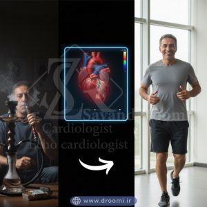 Before-and-after of man smoking hookah vs healthy active version with normal echocardiography result