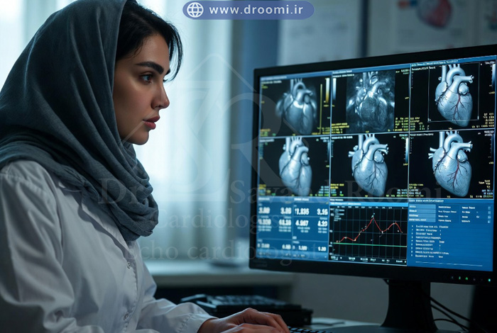 نمایی از گزارش اکو مری سه‌بعدی شامل تصاویر دقیق قلب، داده‌های عددی و تفسیر پزشک متخصص