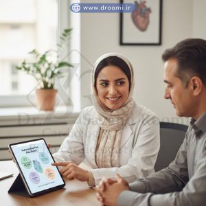 پزشک قلب در حال ارائه گزارش اکوکاردیوگرافی به بیمار در محیط کلینیک روشن و صمیمی