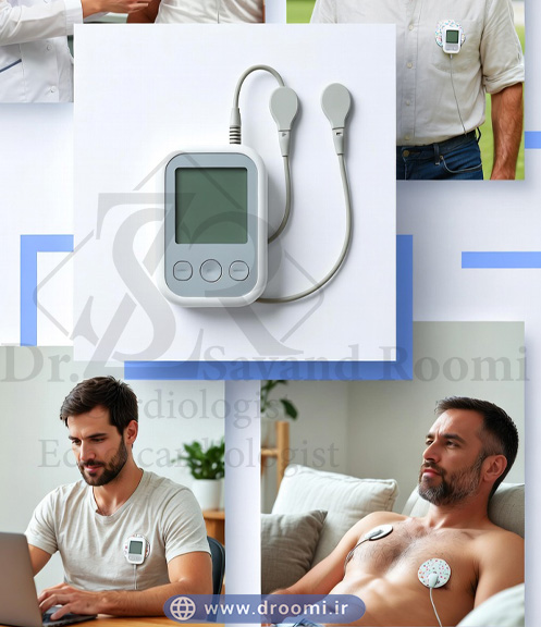 بنر پزشکی شامل دستگاه هولتر قلب در مرکز تصویر، صحنه‌هایی از نصب توسط پرستار، فعالیت روزانه بیمار و استراحت در خانه روی پس‌زمینه سفید با جزئیات آبی.