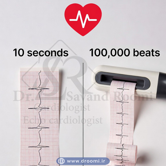مقایسه بصری کاغذ نوار قلب معمولی ۱۰ ثانیه‌ای با طومار گراف بسیار بلند هولتر ۲۴ ساعته همراه با قلب قرمز و متن «۱۰ ثانیه در مقابل ۱۰۰,۰۰۰ ضربان».