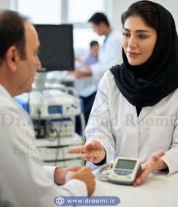 بیمار میانسال در حال گفتگو با پزشک متخصص قلب خانم در کلینیک مدرن قلب در شیراز، دستگاه هولتر قلب کوچک روی میز در حال توضیح.