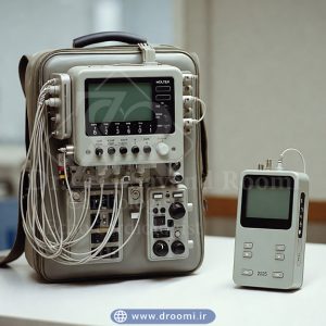 دستگاه هولتر کوچک نسل ۲۰۲۵ در کنار هولتر قدیمی دهه ۱۹۶۰ به اندازه کوله‌پشتی، با متن «از کوله‌پشتی تا جیبی – تکامل هولتر قلب در ۶۰ سال» روی میز سفید کلینیک.