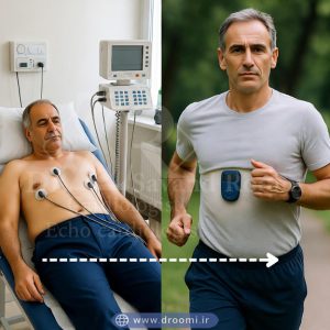 مرد میانسال ایرانی در دو حالت: گرفتن نوار قلب روی تخت مطب و دویدن در پارک با هولتر کوچک زیر لباس همراه با متن «نوار قلب = استراحت | هولتر = زندگی واقعی».