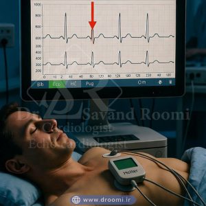 گراف هولتر ۴۸ ساعته روی مانیتور با علامت‌گذاری یک وقفه ۱۲ ثانیه‌ای و تصویر بیمار جوان در حال خواب همراه با متن «داستانی واقعی که جان یک جوان را نجات داد».
