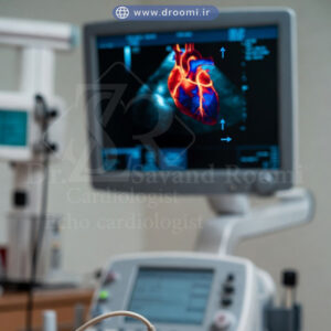 نمای واقعی انجام اکو داپلر رنگی قلب با پروب روی بیمار و نمایش جریان دریچهها روی مانیتور