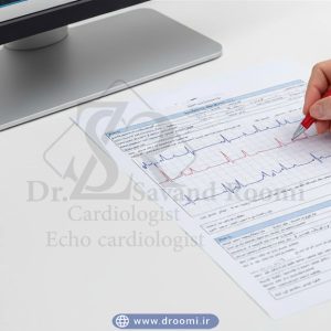 صفحه گزارش A4 هولتر روی میز سفید، مهر و امضای متخصص، مانیتور گراف ۴۸ ساعته و دست پزشک در حال علامت‌گذاری بخش‌های غیرعادی.