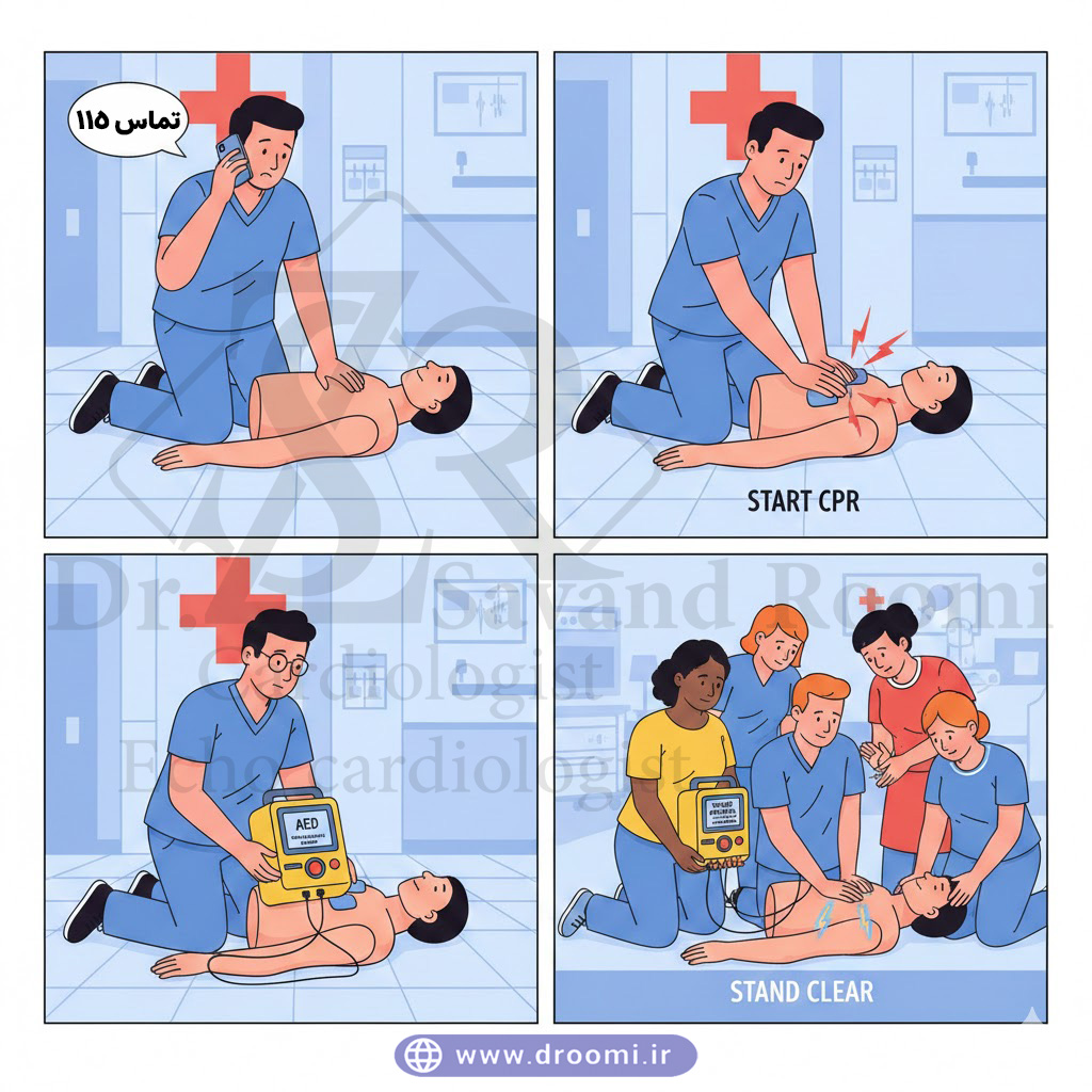 مراحل نجات در ایست قلبی شامل تماس با اورژانس، انجام CPR و استفاده از دستگاه AED