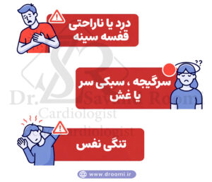 اینفوگرافیک علائم ایست قلبی ناگهانی شامل درد قفسه سینه، سرگیجه، تنگی نفس و غش