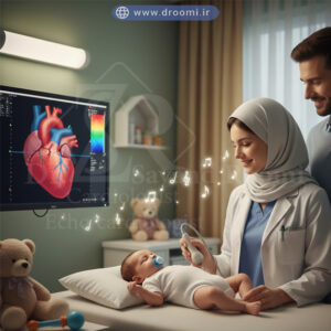 اتاق اکو قلب کودک با نور ملایم، اسباب‌بازی و آرام‌سازی نوزاد هنگام انجام اکو