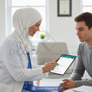 پزشک متخصص قلب با حجاب در حال توضیح زمانبندی اکو به بیمار بزرگسال در کلینیک مدرن