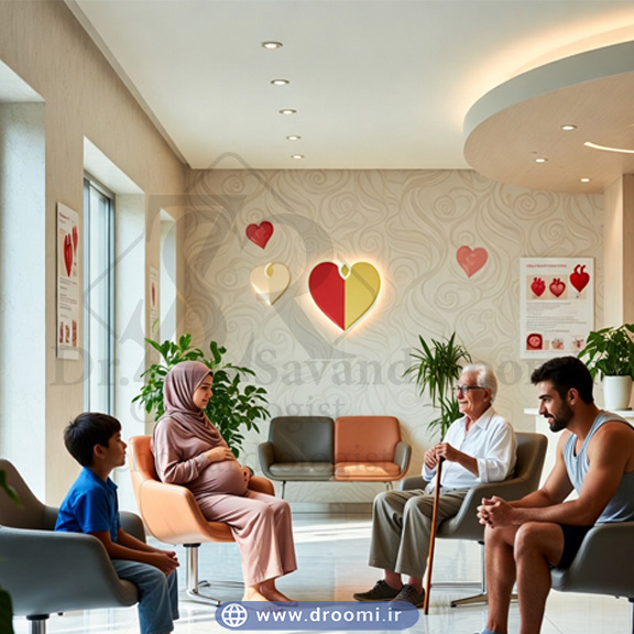 کودک، زن باردار محجبه، سالمند و ورزشکار در سالن انتظار کلینیک قلب