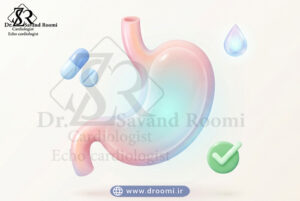 آیکون سه‌بعدی معده با نمادهای دارو، آب و تیک تأیید برای نمایش آمادگی گوارشی تست قلب