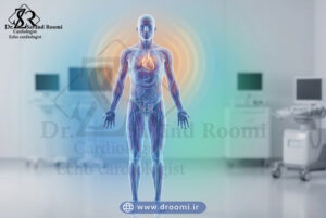 پیکر شفاف انسان با نمایش تغییر رنگ از قرمز (استرس) به آبی (آرامش) در ناحیه قلب و بدن