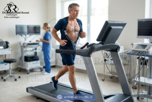 بیمار در حال راه رفتن سریع روی تردمیل با الکترودهای ECG متصل به قفسه سینه برای ثبت ضربان قلب