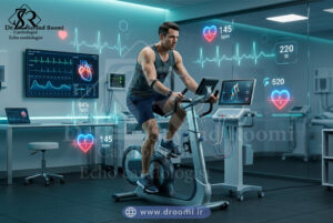 مرد در حال انجام تست ورزش روی دوچرخه ثابت همراه با آیکونهای ضربان قلب و موج ECG