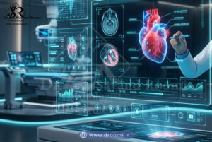 پزشک در حال مشاهده مدلهای سهبعدی قلب و دادههای هولوگرافیک شامل ECG و شبکههای اطلاعاتی
