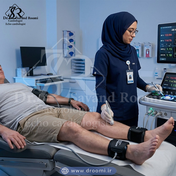پرستار در حال بررسی داده‌های تست شاخص مچ پا بازویی ABI با دستگاه دیجیتال پیشرفته و کاف‌های فشار خون متصل به دست و پا در کلینیک عروق