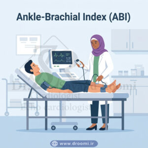 تصویر وکتور پزشکی از انجام تست ABI با کاف فشار خون روی دست و مچ پا و پزشک در حال استفاده از دستگاه داپلر برای بررسی گردش خون