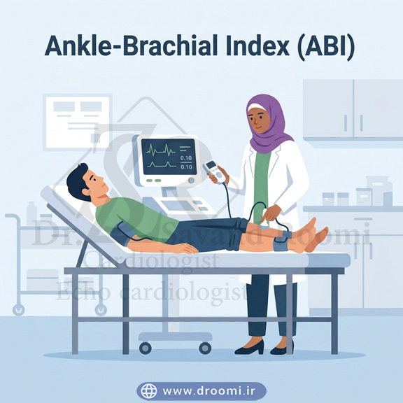 تصویر وکتور پزشکی از انجام تست ABI با کاف فشار خون روی دست و مچ پا و پزشک در حال استفاده از دستگاه داپلر برای بررسی گردش خون