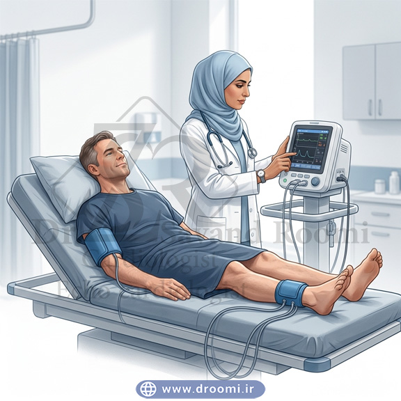 پزشک در حال بررسی نتایج تست ABI با کاف فشار خون روی بازو و مچ پا در کلینیک مدرن قلب و عروق