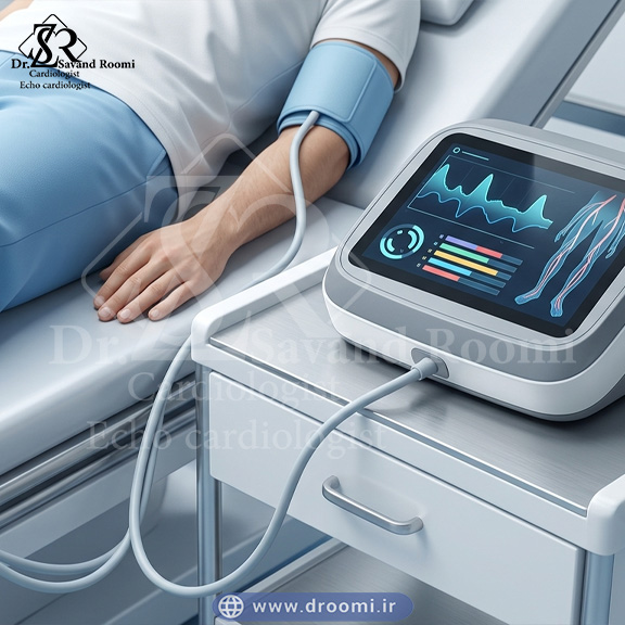 بیمار با کاف فشار خون روی بازو و مچ پا متصل به دستگاه دیجیتال اندازه‌گیری ABI در کلینیک عروق