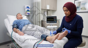 پزشک در حال اندازهگیری فشار سیستولیک شریان مچ پا با پروب داپلر در تست شاخص مچ پا بازویی