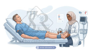پزشک در حال اندازه‌گیری فشار خون مچ پا با داپلر در تست ABI در حالی که بیمار روی تخت معاینه دراز کشیده است