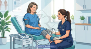 پزشک در حال انجام تست ABI با کاف فشار خون روی بازو و مچ پا و پروب داپلر در نزدیکی مچ پا