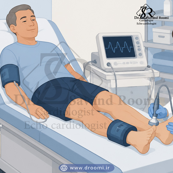 تصویر وکتور پزشکی از بیمار روی تخت معاینه با کاف فشار خون روی بازو و مچ پا و پزشک در حال استفاده از پروب داپلر روی مچ پا.