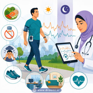 تصویر وکتور پزشکی از بیمار در حال فعالیت روزانه با دستگاه هولتر فشار خون روی بازو و مانیتور کمری، همراه با نمادهای تغذیه سالم، کاهش نمک، استرس، خواب، ورزش، محل کار و خانه.