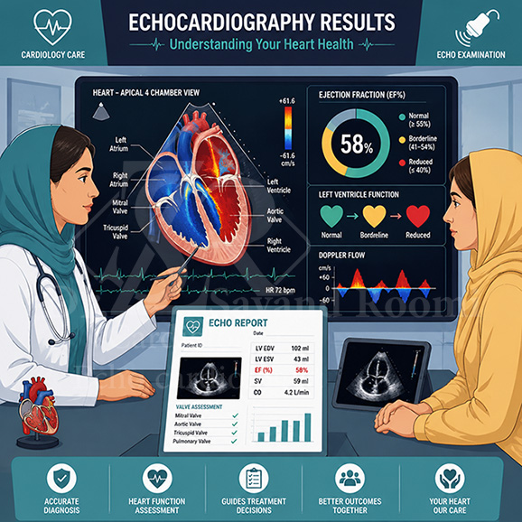تصویر وکتور پزشکی از متخصص قلب در حال توضیح نتایج اکوکاردیوگرافی به بیمار، همراه با مانیتور نمایش‌دهنده قلب آناتومیک با جریان خون داپلر رنگی و شاخص EF.