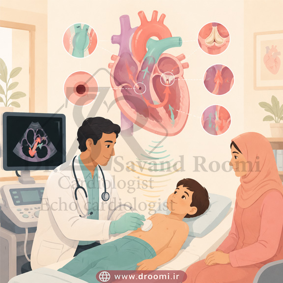 تصویر وکتور پزشکی از متخصص قلب کودکان در حال انجام اکو روی کودک، همراه با حضور والد و نمایش قلب شفاف با ناهنجاری‌های مادرزادی مانند نقص سپتوم، اختلال دریچه و مسیر غیرطبیعی جریان خون.