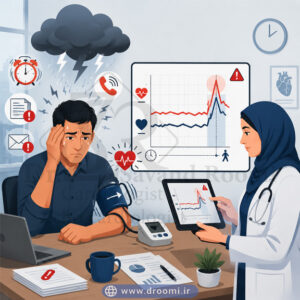 تصویر پزشکی از بیمار مضطرب پشت میز کار با کاف هولتر فشار خون روی بازو، نمودار جهش فشار خون و متخصص قلب در حال بررسی داده‌های ثبت‌شده روی تبلت