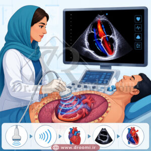 تصویر آموزشی از پروب اکو روی قفسه سینه، امواج صوتی در مسیر قلب و مانیتور نمایش‌دهنده تصویر زنده قلب و جریان خون